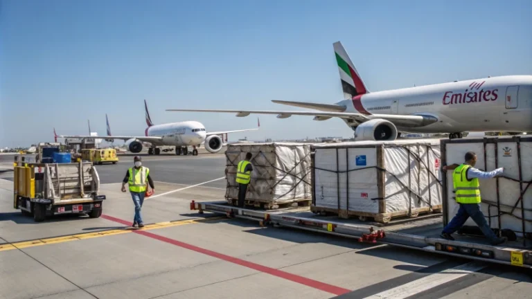 Busy air cargo terminal with cargo planes and workers