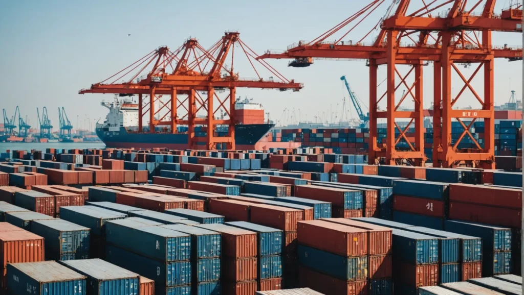 Shipping containers on a dock with a cargo ship in the background