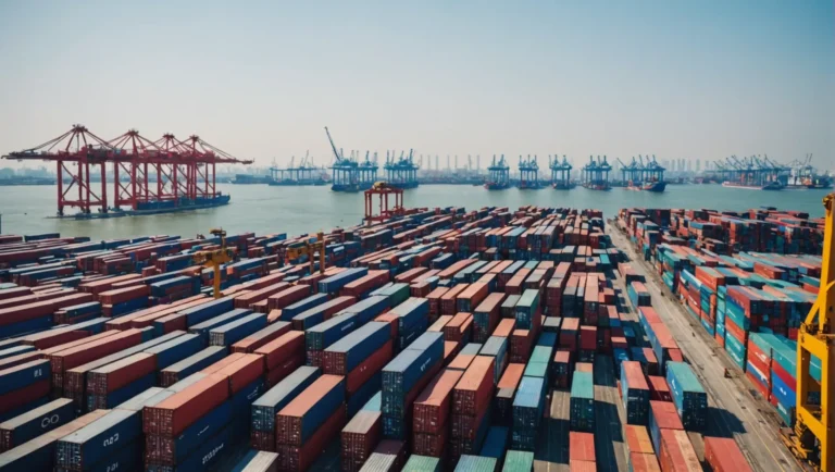 A busy port in China with container ships being loaded, cranes, and freight containers.