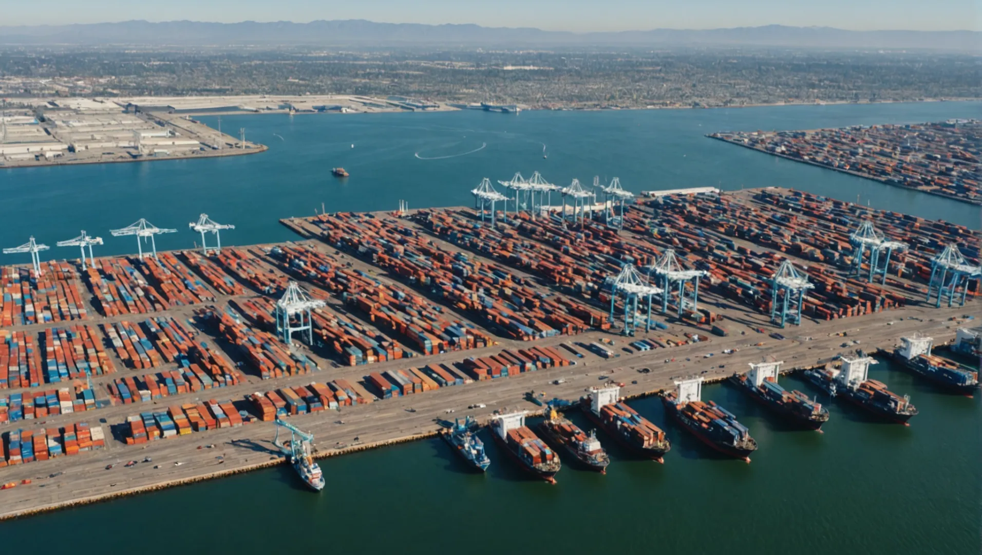 Aerial view of busy US West Coast ports with numerous cargo ships and containers.