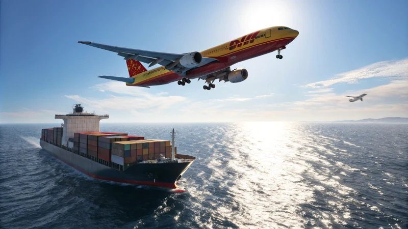 An air cargo plane flying over a large cargo ship on the ocean