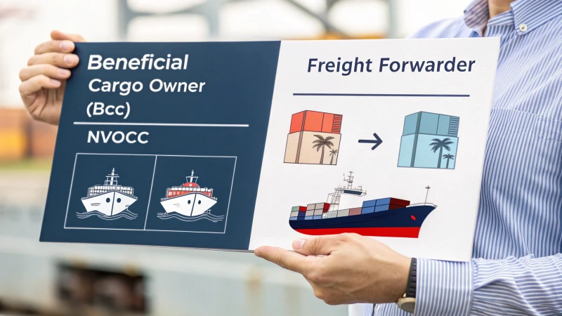 Infographic comparing Beneficial Cargo Owner, Freight Forwarder, and NVOCC