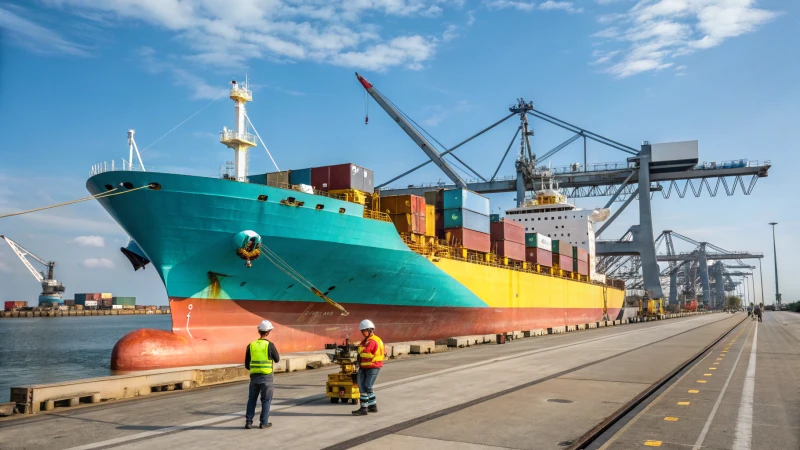 A bulk carrier ship docked at a harbor with cranes loading containers