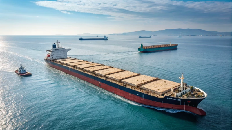 A large bulk carrier ship filled with grains sailing through calm waters