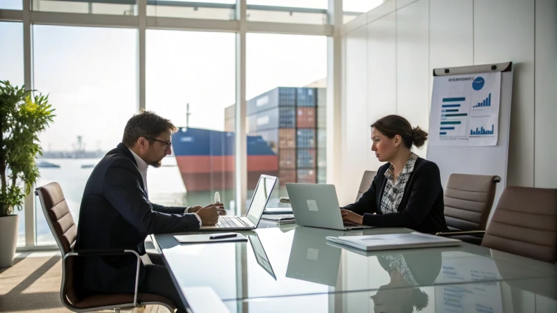 A business meeting in a modern office with a businessperson and a carrier representative discussing strategies.