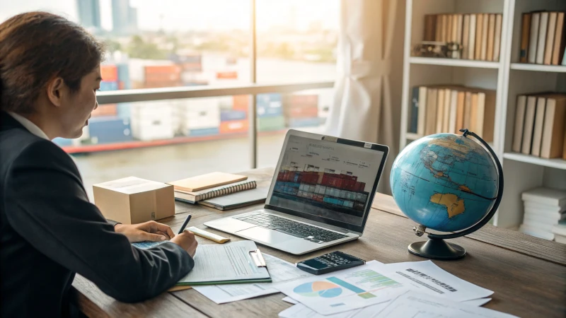 A business professional working in an office with shipping logistics data on a laptop.