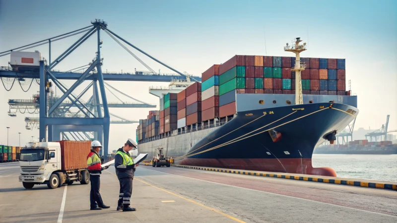 A busy international shipping port with a cargo ship and containers being loaded.