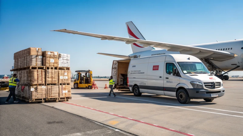 A busy logistics hub with cargo plane and delivery van