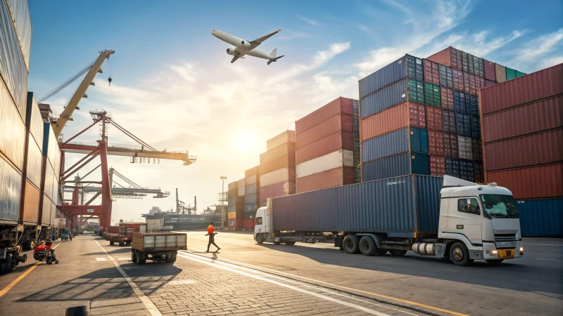 A busy logistics hub with trucks, cargo ships, and planes under bright sunlight.