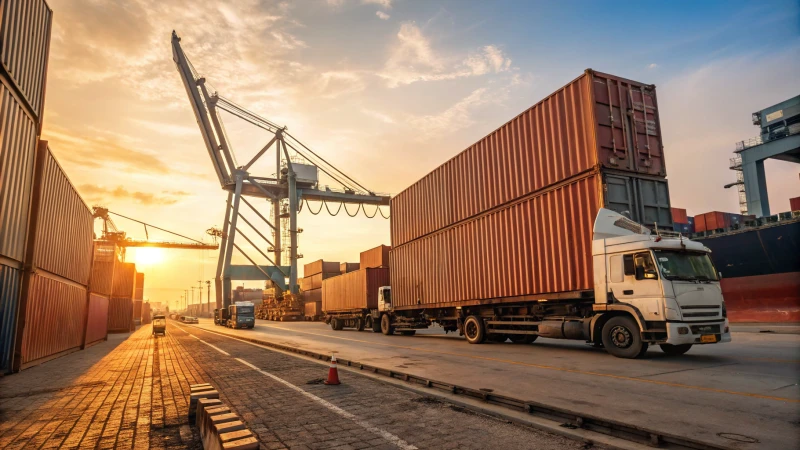 A bustling port during golden hour with trucks and cranes