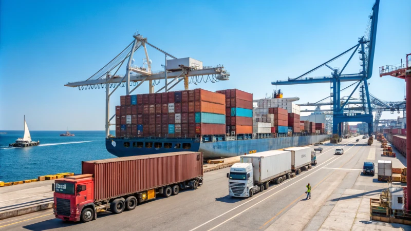 A busy shipping port with cargo containers and cranes