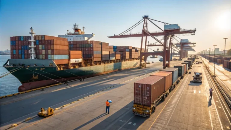 A busy shipping port with cargo containers and ships