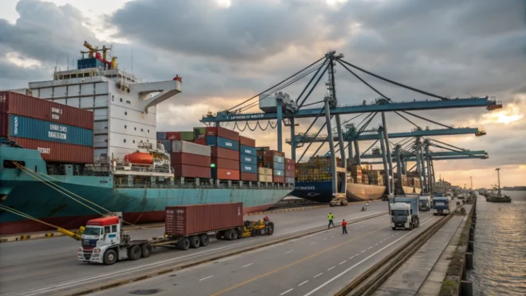 A bustling cargo shipping port with container ships and cranes