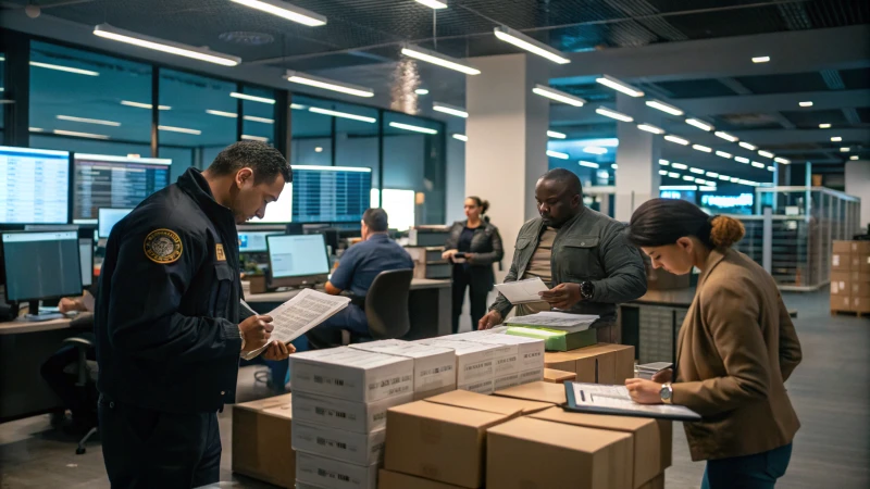 A busy customs office with diverse personnel examining packages and documents