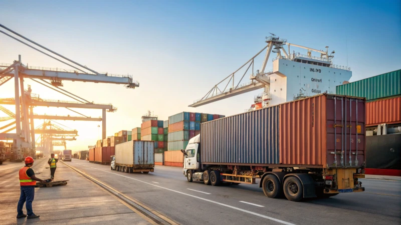 A busy freight terminal with trucks and shipping containers