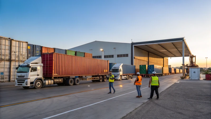 A busy logistics hub with trucks and shipping containers