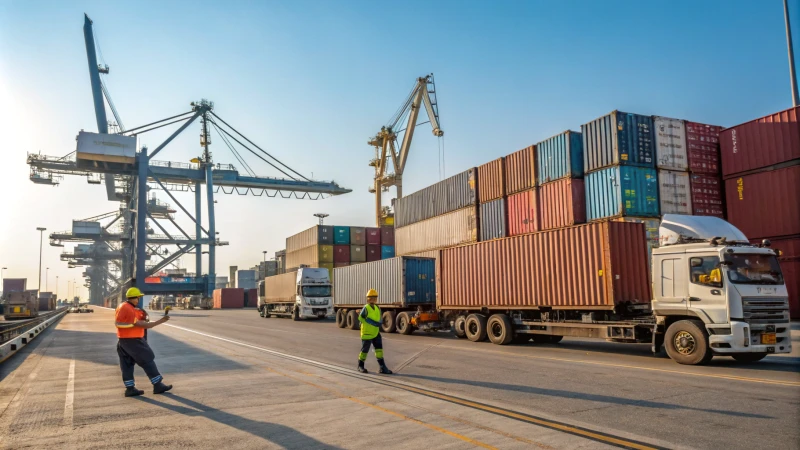 A busy port with drayage trucks and shipping containers