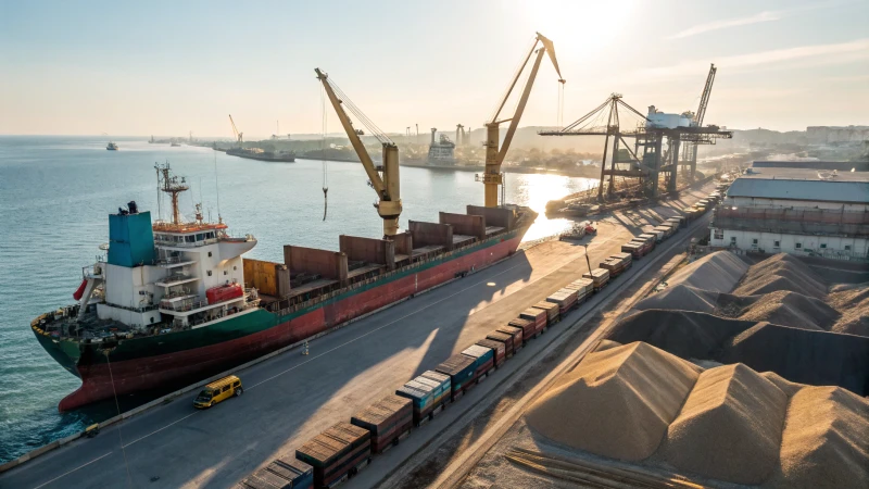 A busy port with a cargo ship and cranes