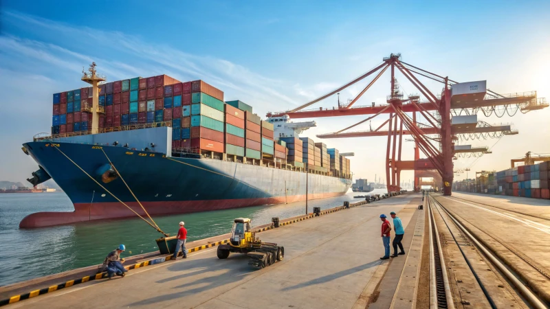 Busy port scene with a large modern container ship and a bulk carrier