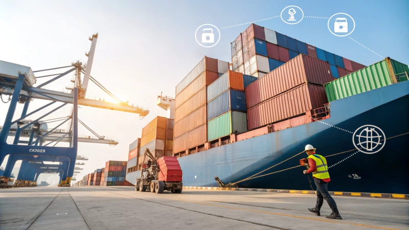 Busy shipping dock with colorful containers and a cargo ship