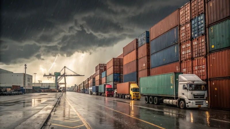 A busy shipping dock with cargo containers and trucks under stormy skies