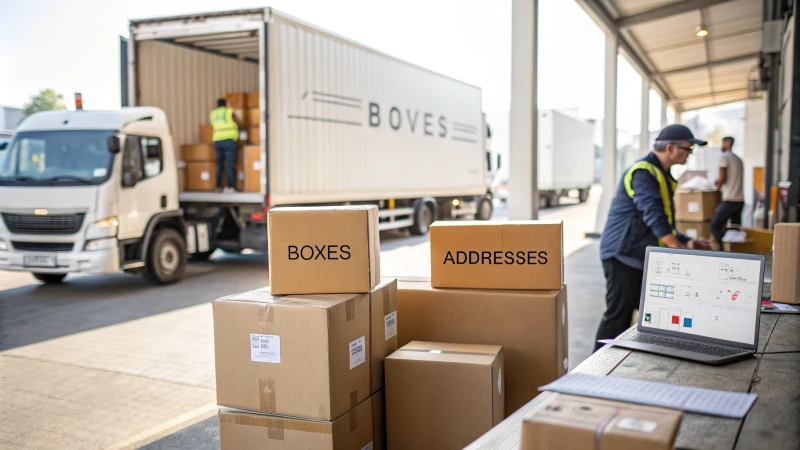 A busy shipping hub with stacked boxes and a delivery truck.