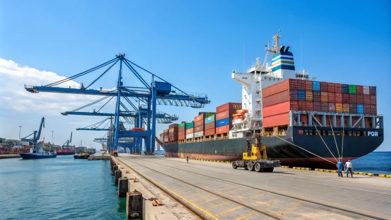 A busy shipping port with cranes and cargo containers