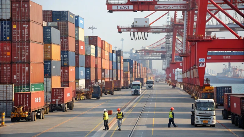 A busy shipping port during a Chinese public holiday with cranes and containers