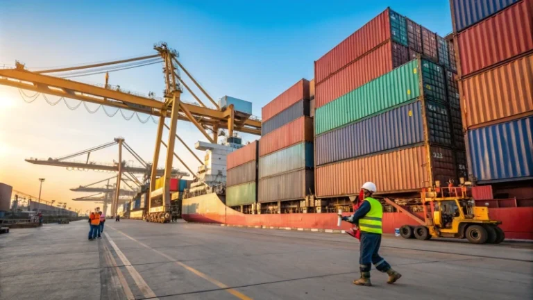 A busy shipping port with cranes and freight containers