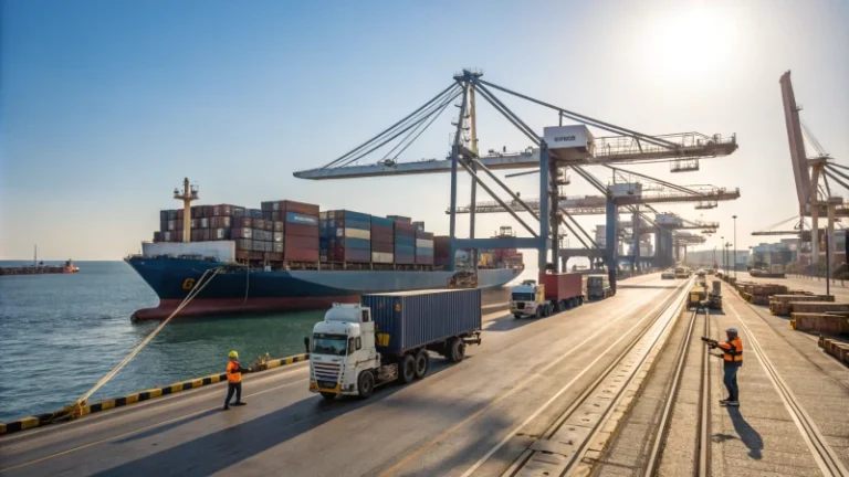 A busy shipping port with container ships and cranes