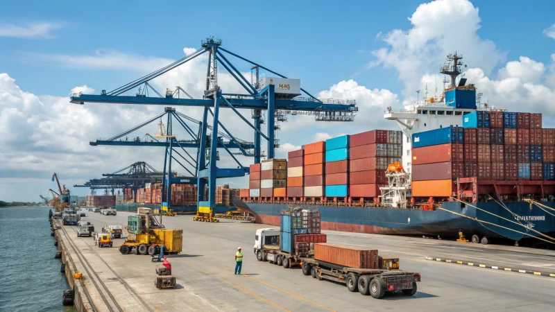 A busy shipping port with colorful cargo containers and cranes