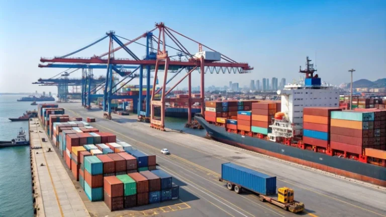 A bustling shipping port with colorful containers and cranes