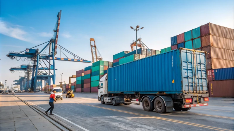 A busy shipping port with a drayage truck and cranes