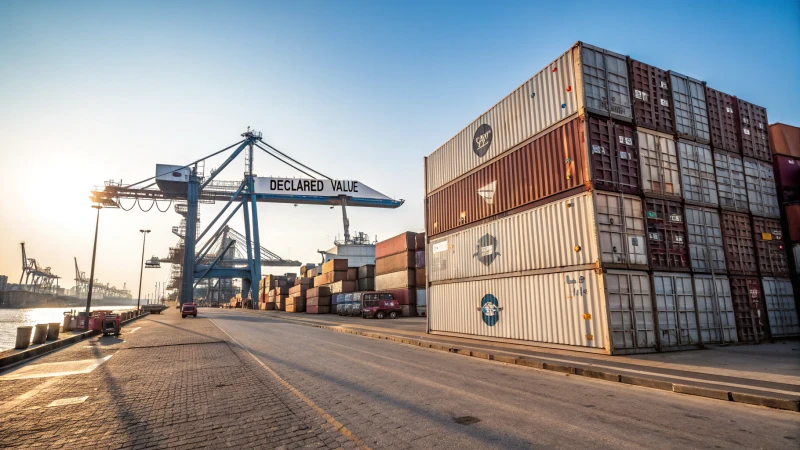 A busy shipping port with stacked cargo containers and cranes under a blue sky