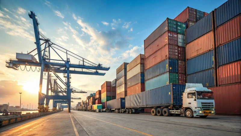 A busy shipping port with colorful cargo containers and cranes.