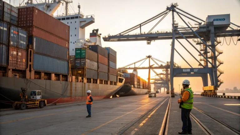 A busy shipping terminal at sunrise with cargo containers and cranes.