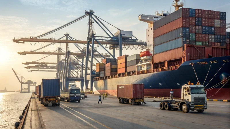 A busy shipping terminal with cargo ships and cranes