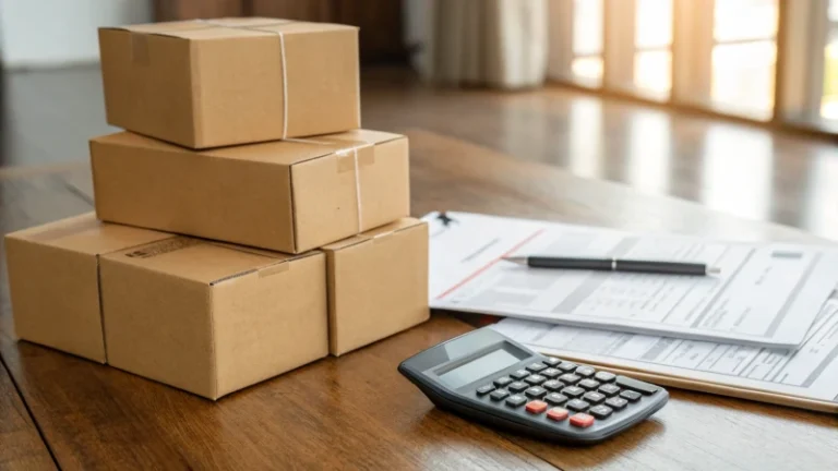 Stack of cardboard boxes with customs paperwork and a calculator on a wooden surface