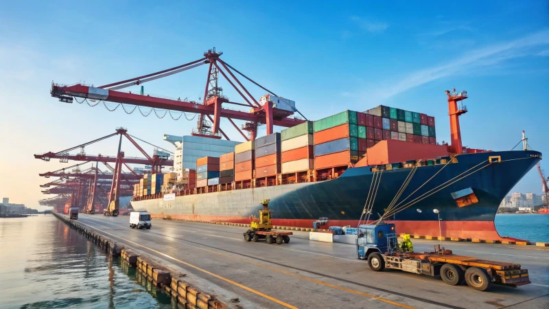 A large cargo ship docked at a busy port with containers and cranes