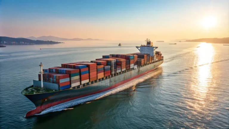 Large cargo ship with colorful containers at sea
