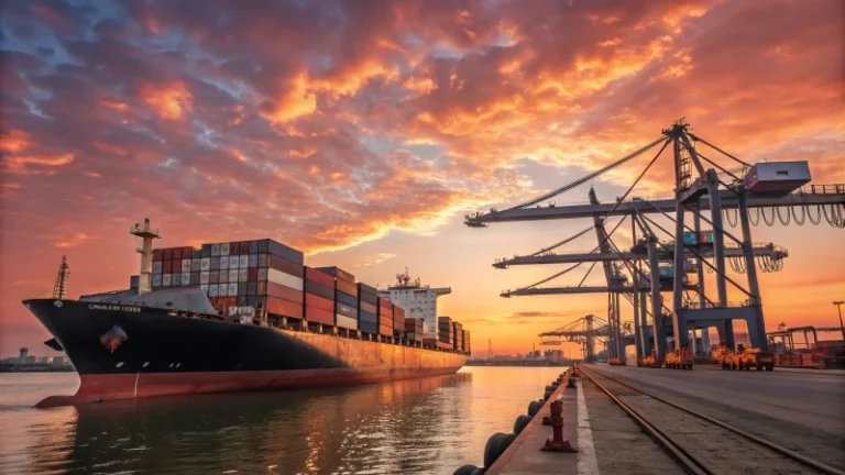 A large cargo ship at a busy port during sunset.