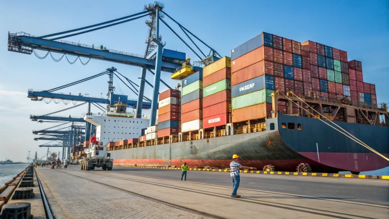 A large cargo ship at a busy port with colorful containers