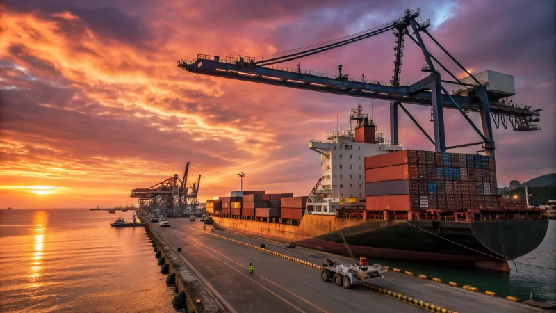 Cargo ship at port during sunset