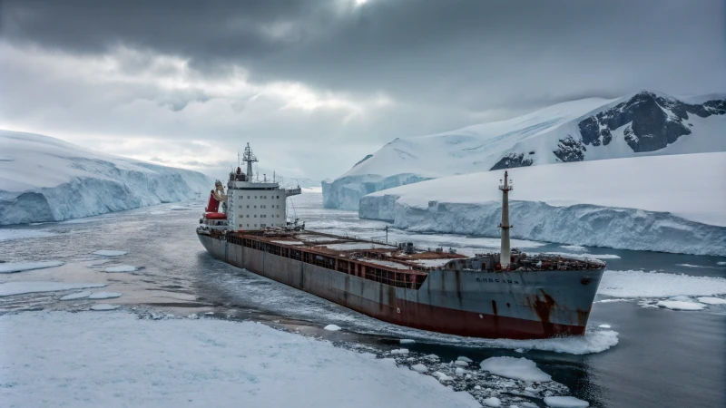 A large cargo ship navigating icy waters surrounded by icebergs