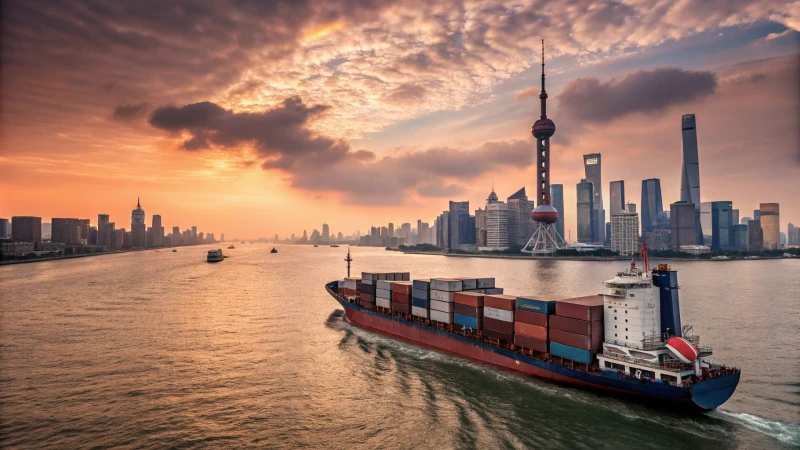 A large cargo ship navigating through open waters with city skylines in the background.