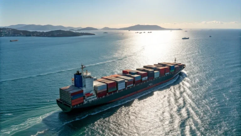 A cargo ship on the ocean under a clear sky