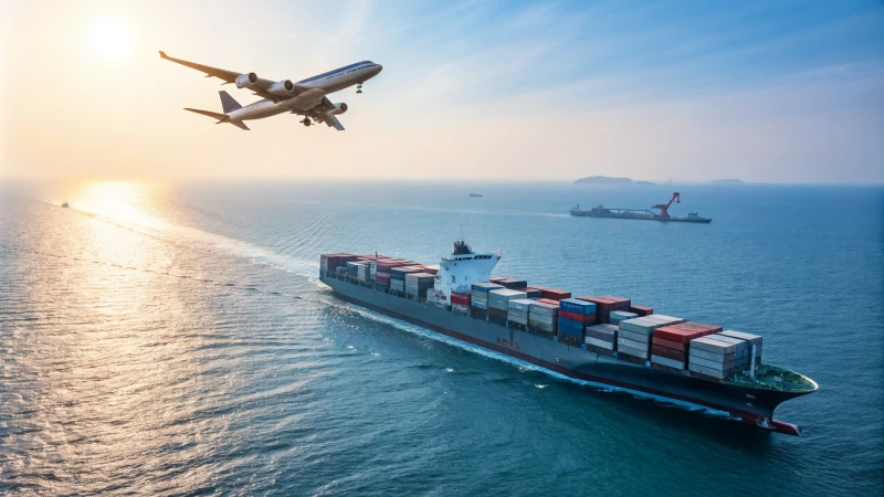 A cargo ship at sea with an airplane flying above