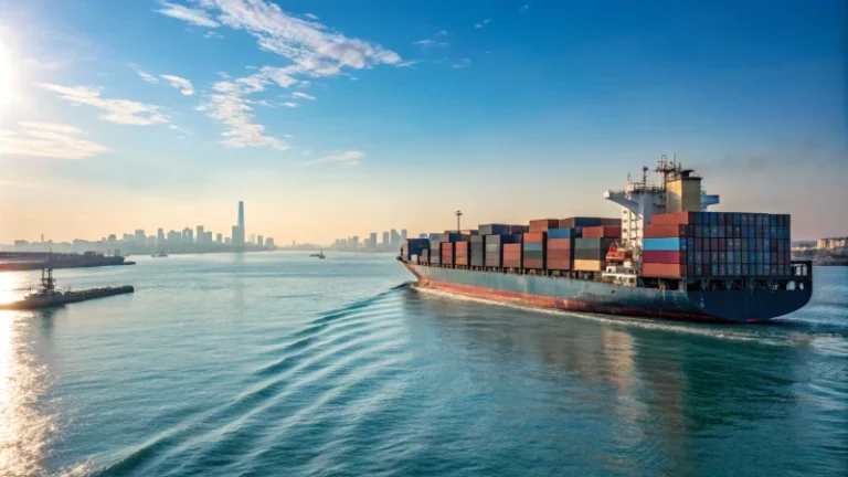 A large cargo ship with colorful containers sailing on calm waters