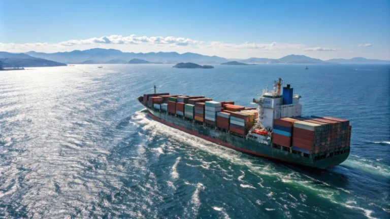 A large cargo ship on the Pacific Ocean with colorful shipping containers.