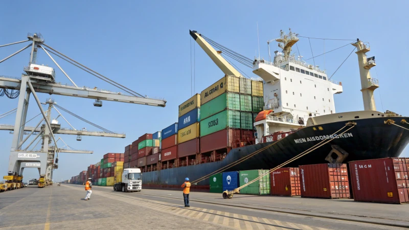 A large cargo ship at a busy port surrounded by cranes and containers.